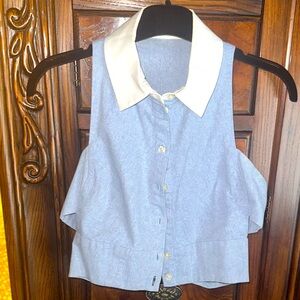 Women's Blue Sleeveless Top with White Collar